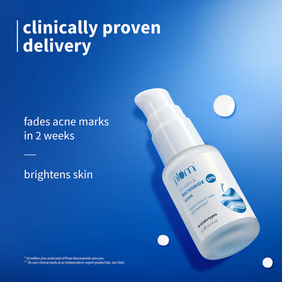 Plum 10% Niacinamide &amp; Rice Water Brightening Face Serum – Clear, Even &amp; Radiant Skin