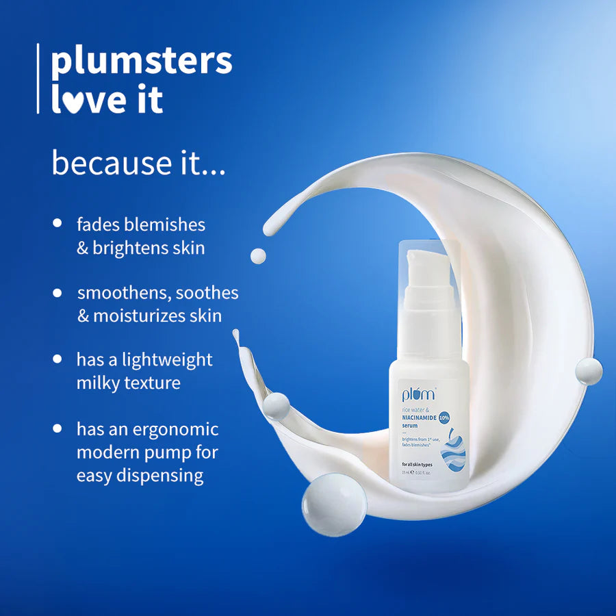 Plum 10% Niacinamide &amp; Rice Water Brightening Face Serum – Clear, Even &amp; Radiant Skin