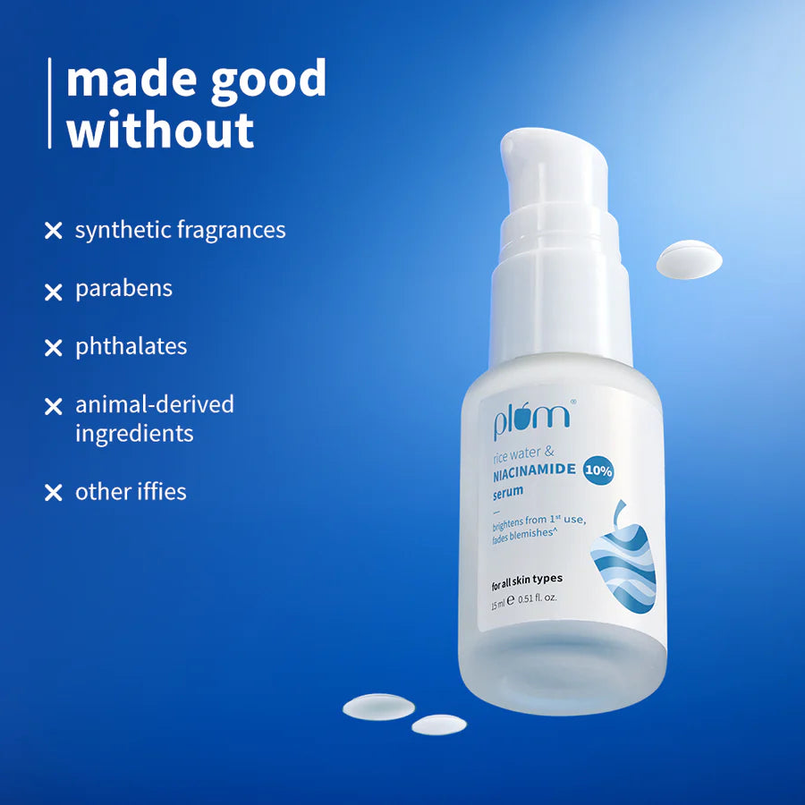 Plum 10% Niacinamide &amp; Rice Water Brightening Face Serum – Clear, Even &amp; Radiant Skin