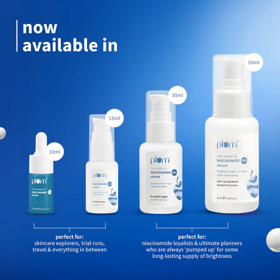 Plum 10% Niacinamide &amp; Rice Water Brightening Face Serum – Clear, Even &amp; Radiant Skin