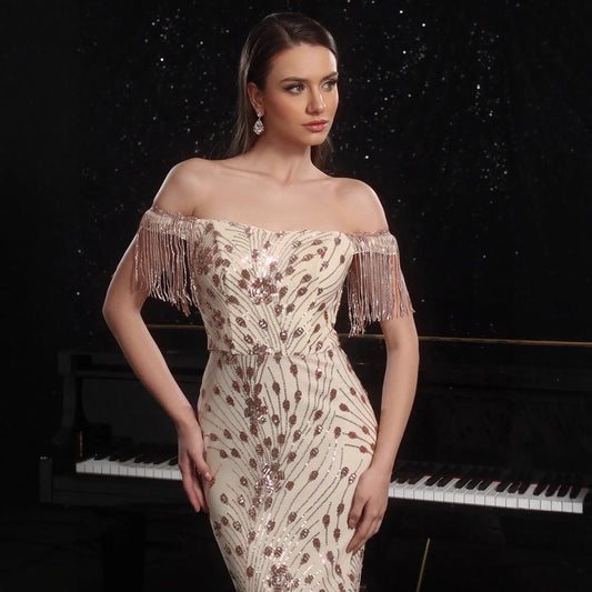 VELVÉRA Étoile Draped Sequin Gown